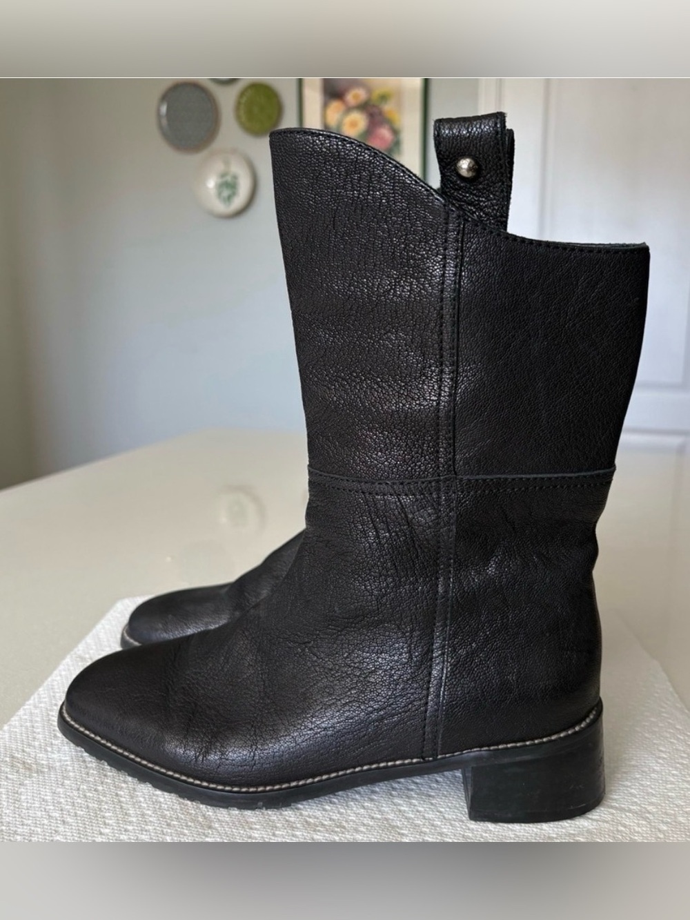 Stuart Weitzman Boots Leather Black Mid Calf Moto Slip On Like New